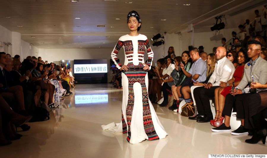 Acid attack survivor Reshma Bano of India walks the runway during the FTL Moda presentation at New York Fashion Week in New York, on September 8, 2016. / AFP / TREVOR COLLENS (Photo credit should read TREVOR COLLENS/AFP/Getty Images)